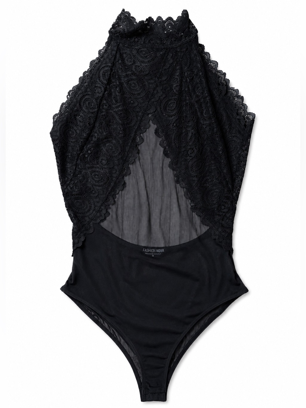 Fashion Nova Black Lace & Mesh Halter Bodysuit SMALL